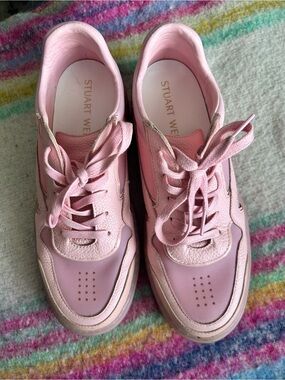 Stuart Weitzman Brooklyn Low Top Sneakers in a Cotton Candy Pink leather